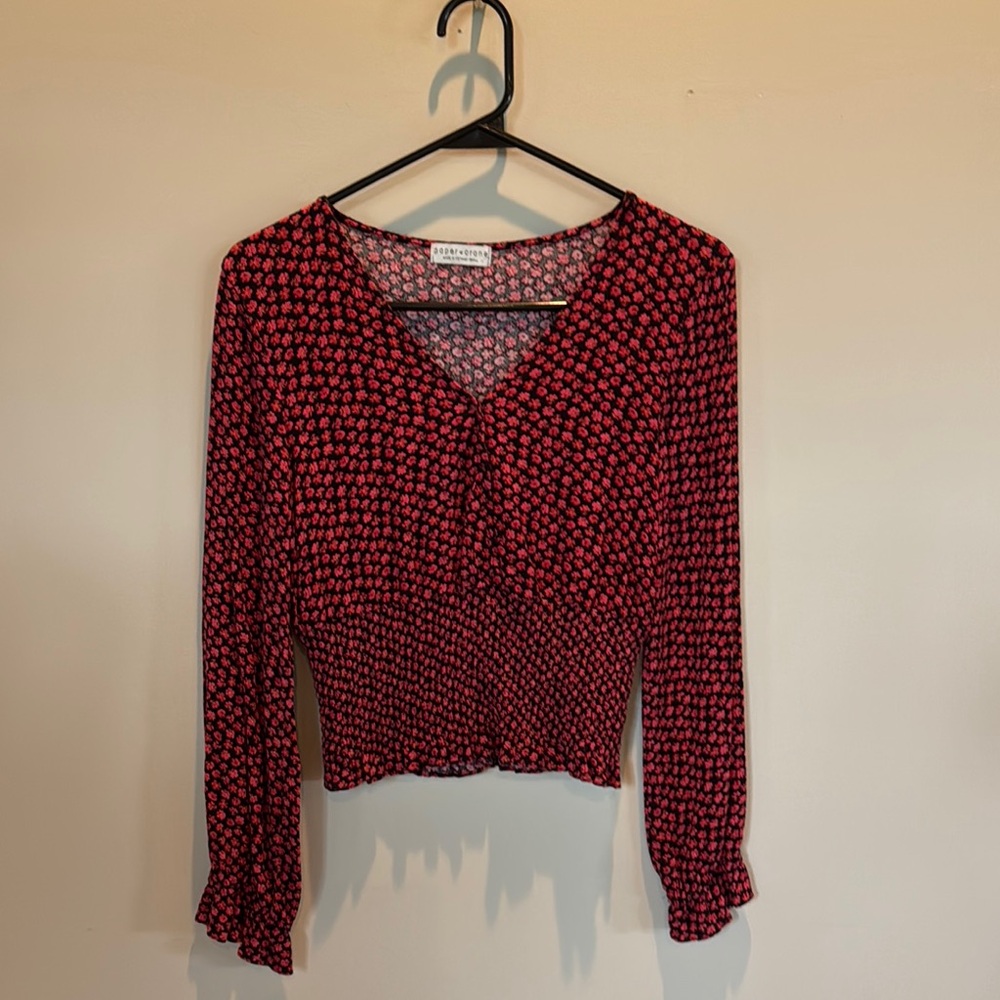 Paper Crane Red 3/4 Sleeve Smocked Blouse
